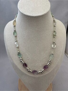 Multi-Tone Fluorite Bead Necklace with Silver Spacer Tone Accents